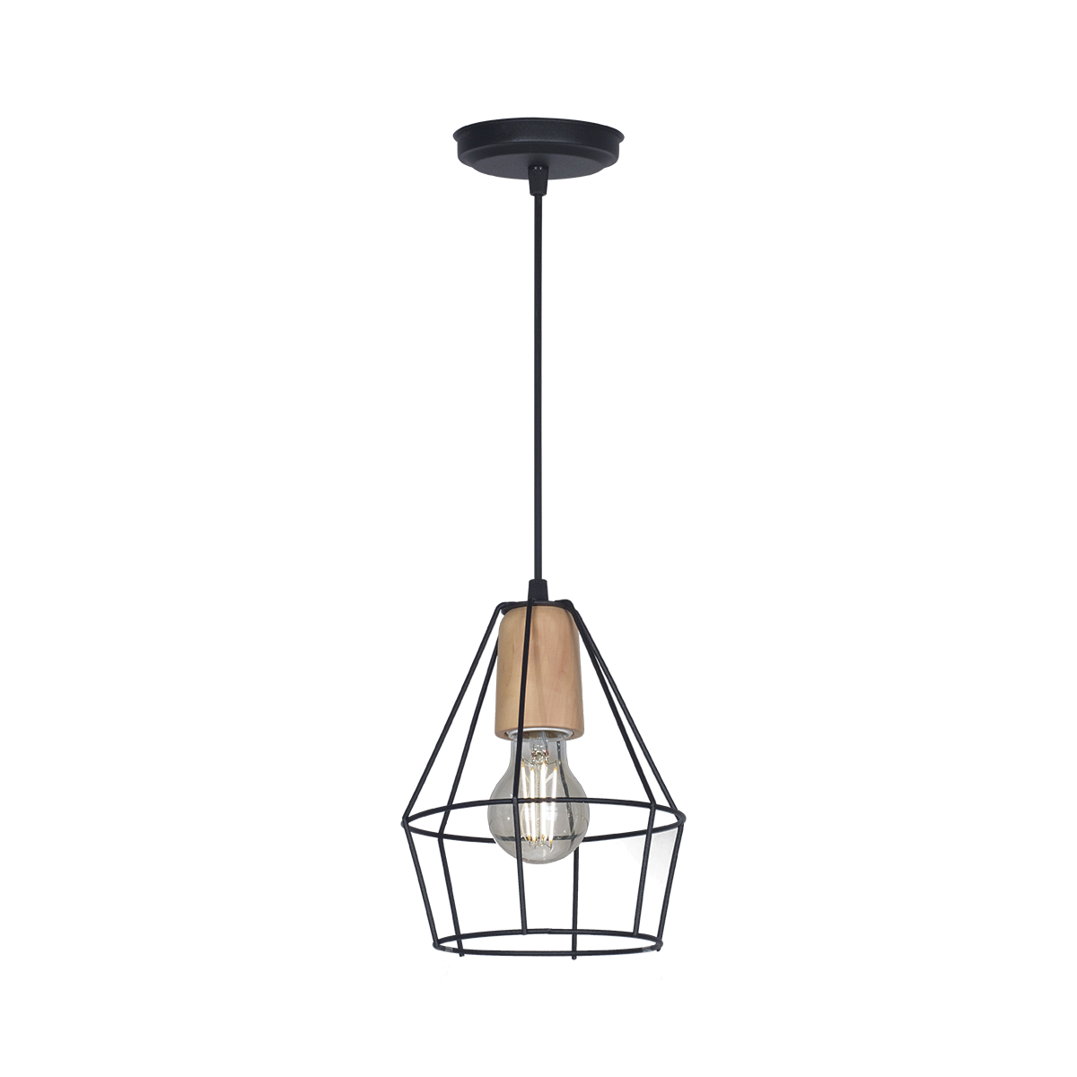 COLGANTE JAULA DIAMANTE MINI 1 LUZ CON DETALLE EN MADERA